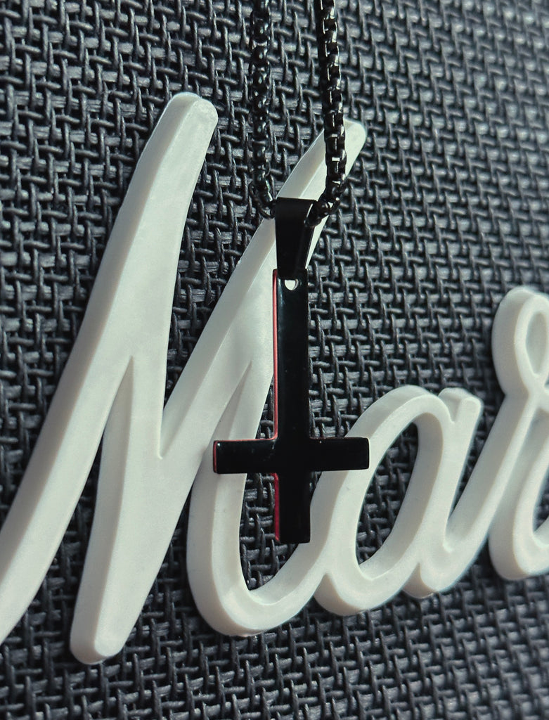 SKYR Satanic Inverted Cross Necklace - Black with Red Bevel