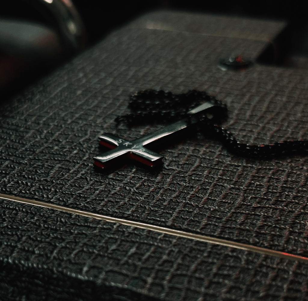SKYR Satanic Inverted Cross Necklace - Black with Red Bevel