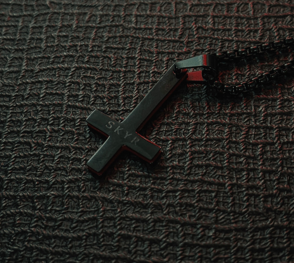 SKYR Satanic Inverted Cross Necklace - Black with Red Bevel