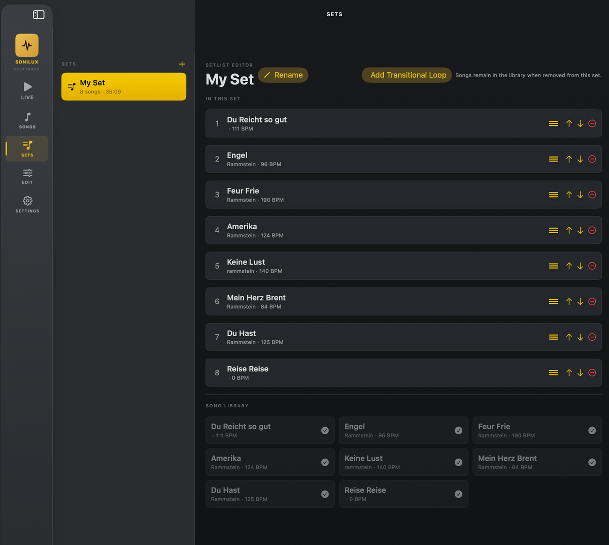 BackTrack song setup panel