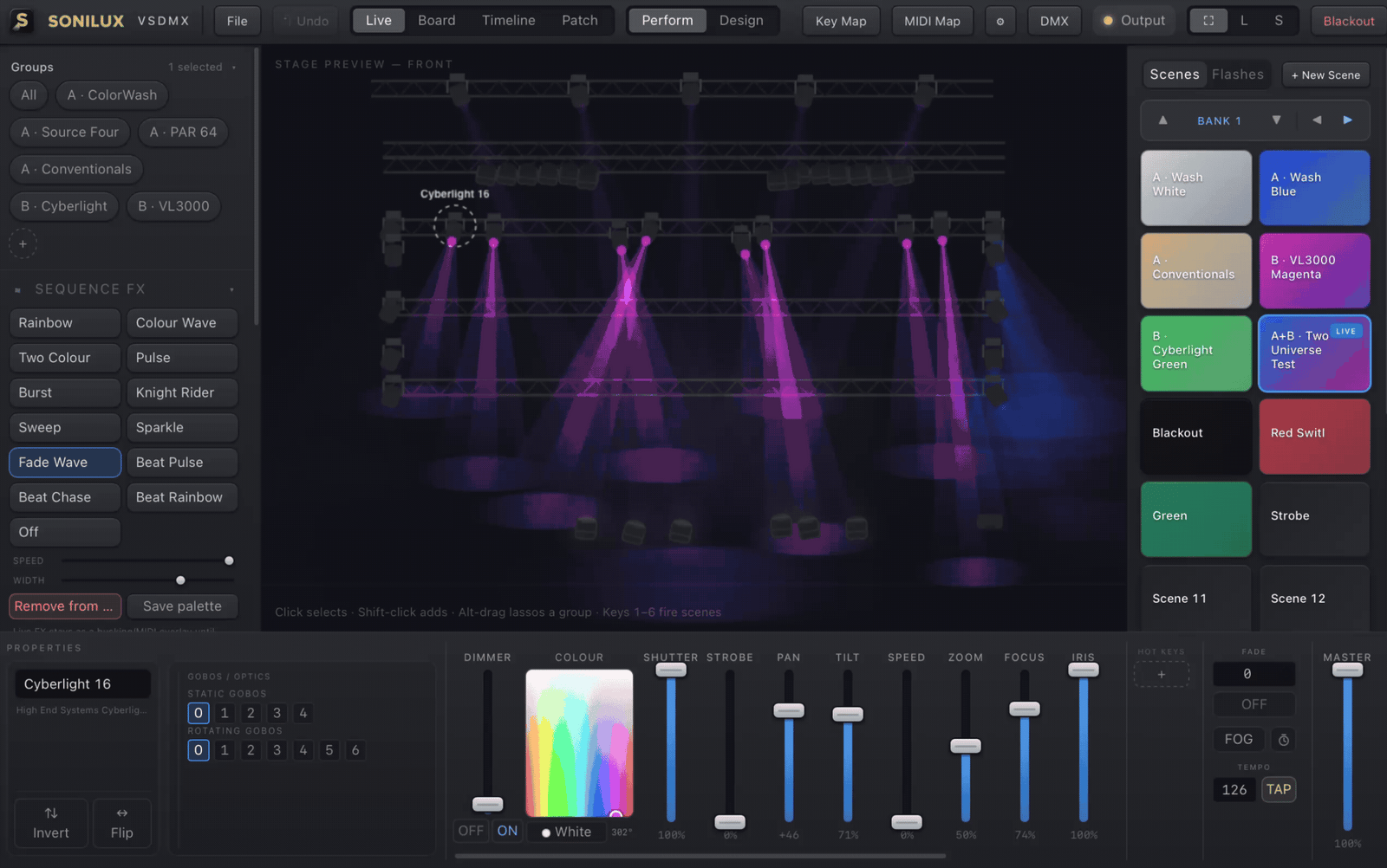 BackTrack VSDMX lighting lanes and SoniLink status