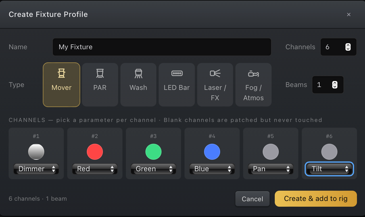 VSDMX custom fixture profile builder